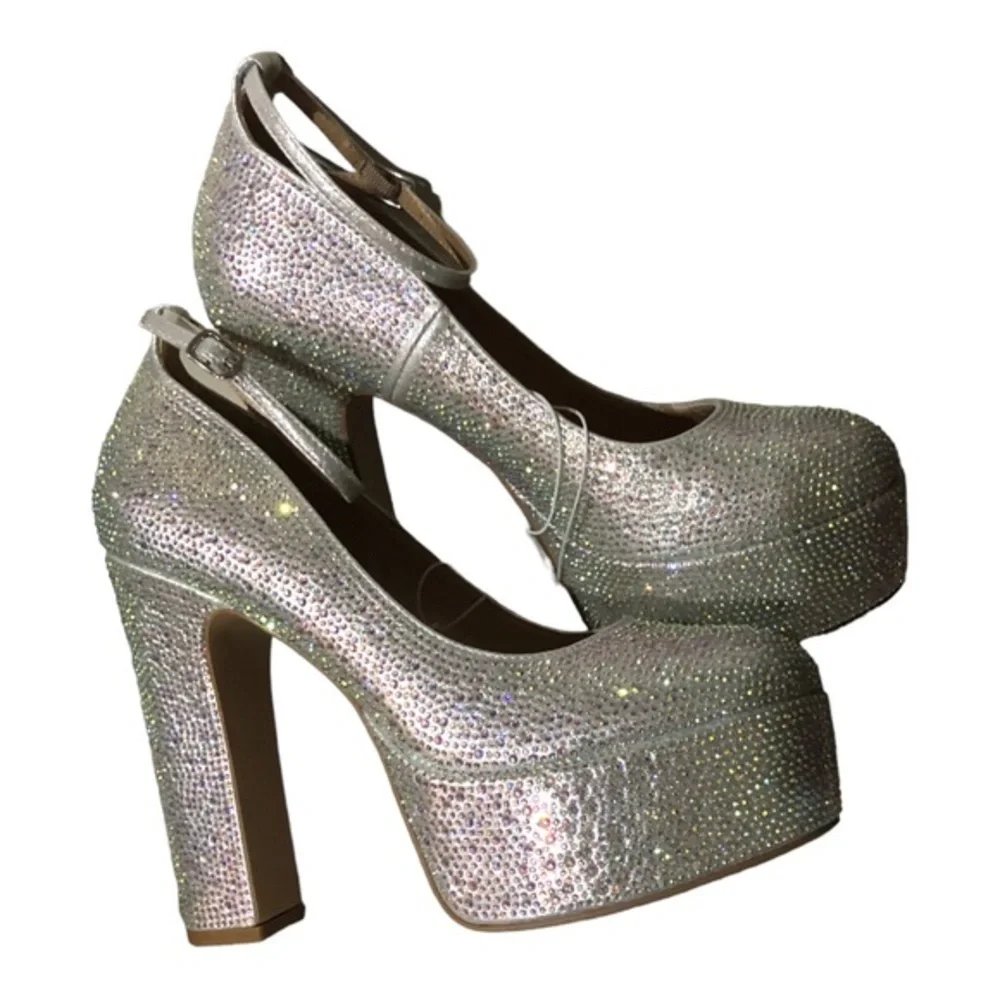 Rhinestone crystal valentino tan-go style closed toe anklestrap‎ platforms sz 10